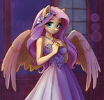 Size: 1961x1879 | Tagged: safe, artist:xilene, fluttershy, pegasus, anthro, clothes, dress, female, flower, flower in hair, indoors, jewelry, looking at you, necklace, shy, solo, white dress