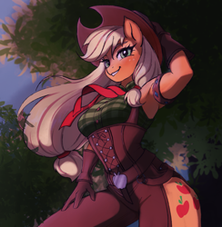 Size: 1897x1942 | Tagged: safe, artist:xilene, applejack, earth pony, anthro, applejack's hat, clothes, cowboy hat, female, gloves, grin, hat, low angle, side slit, smiling, solo