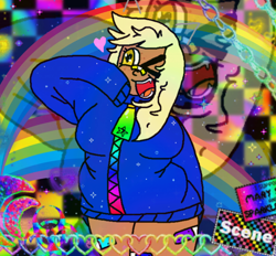 Size: 756x701 | Tagged: safe, artist:xxduncandonutxx, derpy hooves, human, g4, bandaid, bandaid on nose, female, freckles, humanized, rainbow, redesign, scenecore, sfw, solo, solo female, zipper