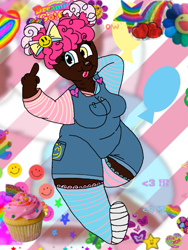 Size: 565x753 | Tagged: safe, artist:xxduncandonutxx, pinkie pie, human, alternate design, alternate hairstyle, bandaid, bandaid on nose, bow, breasts, busty pinkie pie, chubby, humanized, kidcore, pinkamena diane pie, plus size, plus sized, poc, redesign