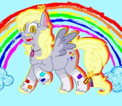 Size: 780x679 | Tagged: safe, artist:xxduncandonutxx, derpy hooves, pegasus, pony, g4, alternate design, alternate hairstyle, bandaid, bandaid on nose, kidcore, rainbow, redesign