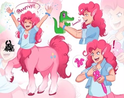 Size: 2048x1623 | Tagged: safe, artist:inkrred, part of a set, gummy, pinkie pie, alligator, centaur, taur, g4, balloon, balloon animal, centaur pie, centaurified, elf ears, exclamation point, female, freckles, humanized, light skin, open mouth, open smile, smiling, species swap, zoom layer