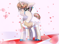 Size: 3072x2304 | Tagged: safe, artist:theuser, oc, oc only, oc:curious heart, pony, unicorn, alternate hairstyle, blue eyes, brown mane, carpet, clothes, commission, crying, dress, ear piercing, earring, female, guardsmare, horn, jewelry, mare, marriage, piercing, red carpet, royal guard, solo, solo female, stockings, tail, tail bun, tan coat, thigh highs, wedding, wedding dress, wiping tears