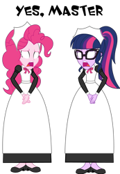 Size: 2497x3612 | Tagged: safe, artist:cartoonmasterv3, pinkie pie, sci-twi, twilight sparkle, human, equestria girls, g4, blank eyes, clothes, dress, hypno pie, hypnosis, hypnotized, long dress, long skirt, maid, maidlight sparkle, pinkie maid, skirt