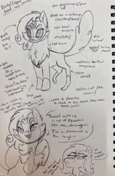 Size: 671x1024 | Tagged: safe, artist:texacity, oc, oc only, oc:opal apple, unnamed oc, cat, hybrid, pegasus, pony, coat markings, duo, duo female, fangs, female, flirting, grayscale, heart, heart mark, interspecies offspring, mare, monochrome, narrowed eyes, next generation, nonbinary, offspring, parent:big macintosh, parent:capper dapperpaws, parent:fluttershy, parent:rarity, parents:capperity, parents:fluttermac, pencil drawing, solo focus, speech bubble, text, traditional art