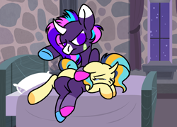 Size: 946x677 | Tagged: safe, artist:opalitexyz, oc, oc only, pony, unicorn, aunt and niece, bandage, female, filly, foal, horn, punishment, spanking