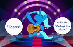 Size: 2600x1696 | Tagged: safe, artist:memeartboi, pony, unicorn, g4, cheering, cute, eyes closed, female, grin, guitar, heart, horn, implied audience, indoors, mare, musical instrument, nicole watterson, performance, playing guitar, ponified, show stage, smiling, solo, speech bubble, stage, stage light, text, the amazing world of gumball, unicorn horn