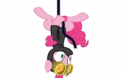 Size: 1920x1230 | Tagged: safe, edit, edited screencap, screencap, pinkie pie, earth pony, pony, g4, :o, cute, hanging, hanging upside down, ninja, open mouth, pinkie spy, rope, upside down