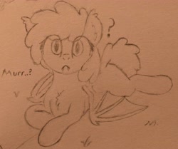 Size: 5114x4268 | Tagged: safe, artist:harmonicglow, rainbowshine, bat pony, g4, confused, female, lying down, mare, missing cutie mark, pencil drawing, spread wings, traditional art, wings