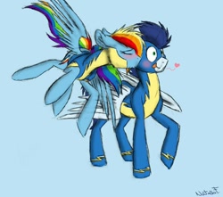 Size: 736x650 | Tagged: safe, rainbow dash, soarin', pegasus, pony, cheek kiss, clothes, female, kissing, male, mare, ship:soarindash, shipping, stallion, straight, uniform, wonderbolts uniform