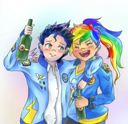 Size: 720x699 | Tagged: artist needed, source needed, safe, alternate version, rainbow dash, soarin', human, apple cider, duo, duo male and female, female, humanized, male, ship:soarindash, shipping, straight