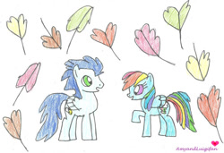 Size: 749x512 | Tagged: safe, artist:artist:amyandluigifan, rainbow dash, soarin', pegasus, pony, duo, duo male and female, female, leaves, male, mare, ship:soarindash, shipping, stallion, straight, traditional art