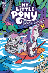 Size: 2063x3131 | Tagged: safe, artist:natacha bustos, idw, official comic, skye, violette rainbow, butterfly, pony, unicorn, zebra, g5, my little pony: skye's secret, official, comic cover, cover, cover art, duo, duo female, female, filly, foal, forest, high res, horn, looking at something, my little pony logo, nature, outdoors, smiling, tree, unshorn fetlocks, water