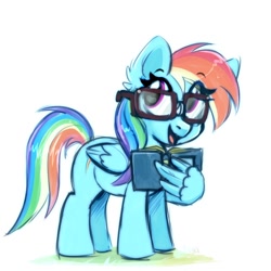 Size: 2000x2000 | Tagged: safe, artist:pozya1007, rainbow dash, pegasus, pony, g4, book, cute, dashabetes, egghead, egghead dash, female, filly, foal, glasses, one wing out, open mouth, open smile, reading rainboom, simple background, smiling, solo, white background, wing hands, wings