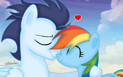 Size: 414x261 | Tagged: safe, artist:gabihessel07, rainbow dash, soarin', pegasus, pony, g4, female, hearts and hooves day, holiday, male, mare, nuzzling, outdoors, ship:soarindash, shipping, stallion, straight, valentine's day