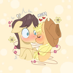 Size: 750x750 | Tagged: safe, artist:paracetamolnavo30, applejack, caramel, earth pony, pony, emanata, female, flower, heart, kiss on the lips, kissing, male, mare, onomatopoeia, ship:carajack, shipping, stallion, straight