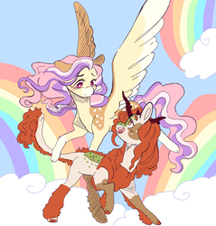 Size: 2200x2300 | Tagged: safe, artist:orphicswanart, autumn blaze, fluttershy, kirin, pegasus, g4, alternate design, autumnshy, blushing, cloud, female, lesbian, looking at each other, looking at someone, rainbow, shipping, solo