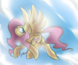 Size: 2365x1977 | Tagged: safe, artist:maretheory.exe, fluttershy, pegasus, cloud, female, flying, happy, mare, smiling, sun