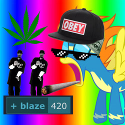 Size: 3464x3464 | Tagged: safe, anonymous editor, artist:landmark520, blaze, pegasus, pony, derpibooru, g4, 1000 hours in picsart, 420, 420 blaze it, blunt, cropped, drugs, illuminati, marijuana, meta, mlg, obey, open mouth, rainbow background, snapback, snoop dogg, sunglasses, swag glasses