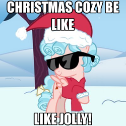 Size: 400x400 | Tagged: safe, artist:c0zygl0w, cozy glow, pegasus, pony, g4, caption, christmas, clothes, coat, female, filly, foal, golly, hat, holiday, image macro, jolly, meme, santa hat, snow, solo, sunglasses, text, tree