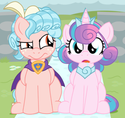 Size: 3024x2858 | Tagged: safe, artist:chaosimp2006, cozy glow, princess flurry heart, alicorn, pegasus, pony, g4, a better ending for cozy, background, cape, clothes, cozybetes, crown, cute, drool, duo, eyebrows, flurrybetes, jewelry, looking at someone, older, older flurry heart, raised eyebrow, regalia