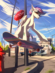 Size: 2994x4000 | Tagged: safe, artist:chamommile, oc, oc only, pegasus, pony, cloud, commission, full body, light skin, looking at you, nature, pegasus oc, skateboard, skateboarding, sky, smiling, smiling at you, street, wings, yellow eyes