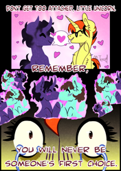 Size: 2039x2894 | Tagged: safe, artist:mitexcel, oc, oc only, oc:merille artienda, pegasus, unicorn, g4, black mane, black tail, comic, crying, curved horn, glasses, heartbreak, horn, love, nonbinary, orange mane, orange tail, purple coat, short mane, tail, transmasculine, trauma, trio, vent art, yellow coat