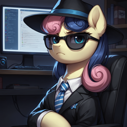 Size: 1536x1536 | Tagged: safe, ai composition, ai content, generator:bluefox mix, generator:stable diffusion, prompter:tyto4tme4l, bon bon, sweetie drops, earth pony, pony, g4, black suit, chair, clothes, collared shirt, ear fluff, fedora, female, frown, hat, indoors, looking sideways, mare, monitor, necktie, office chair, secret agent, secret agent sweetie drops, shirt, solo, suit, sunglasses, upper body