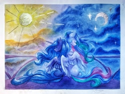 Size: 3907x2944 | Tagged: safe, artist:jsunlight, princess celestia, princess luna, alicorn, pony, crescent moon, female, moon, outdoors, partially open wings, passepartout, royal sisters, siblings, sisters, sun, traditional art, watercolor painting, wings