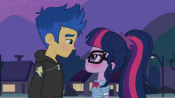 Size: 750x421 | Tagged: safe, artist:kucysia123, flash sentry, sci-twi, twilight sparkle, human, equestria girls, g4, clothes, female, glasses, hoodie, male, outdoors, ponytail, ship:flashlight, ship:sci-flash, shipping, shirt, straight