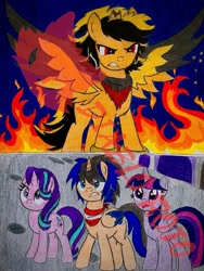 Size: 1075x1429 | Tagged: safe, artist:diablo rojo, twilight sparkle, oc, oc:r/n, oc:y/n, alicorn, pony, unicorn, fanfic:the hero of equestria, g4, broken horn, clothes, crossover, fire, glare, horn, ponified, reference to another series, scarf, shadow the hedgehog, sonic the hedgehog, sonic the hedgehog (film), sonic the hedgehog (series), spread wings, traditional art, twilight sparkle (alicorn), wings