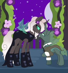 Size: 1959x2083 | Tagged: safe, artist:wildrose_, oc, oc only, oc:kitu elder, oc:yuni erclias hermeline, changeling, changeling queen, equestria at war mod, black lipstick, blushing, boop, clothes, dress, fangs, female, flower, flower in hair, glasses, gray coat, height difference, horn, lipstick, male, marriage, necktie, noseboop, outdoors, size difference, suit, teal eyes, trident, wedding, white mane, wings