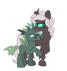 Size: 1959x2083 | Tagged: safe, artist:wildrose_, oc, oc only, oc:kitu elder, oc:yuni erclias hermeline, changeling, changeling queen, equestria at war mod, black lipstick, clothes, dress, fangs, female, glasses, gray coat, green coat, green eyes, height difference, holding hooves, horn, lipstick, male, necktie, simple background, size difference, smiling, suit, teal eyes, transparent background, white mane, wings