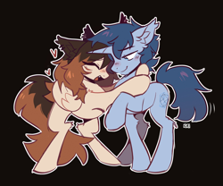 Size: 1500x1250 | Tagged: safe, artist:kirionek, oc, oc only, oc:kiri, oc:tesseract, pegasus, pony, unicorn, blushing, couple, dyed mane, facial markings, happy, heart, horn, hug, hugging a pony