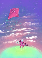 Size: 3071x4252 | Tagged: safe, artist:cutepencilcase, starlight glimmer, pony, unicorn, g4, chest fluff, cloud, eyes closed, happy, heart, horn, kite, magic, magic aura, outdoors, sky, smiling, solo, telekinesis, that pony sure does love kites