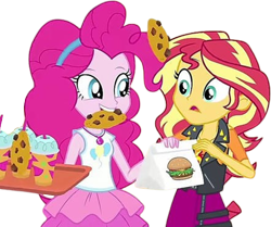 Size: 3011x2520 | Tagged: safe, edit, edited screencap, editor:mrtoonlover83, screencap, pinkie pie, sunset shimmer, human, a fine line, equestria girls, g4, my little pony equestria girls: better together, background removed, bag, burger, cookie, duo, duo female, female, food, headband, mouth hold, not a vector, slushie