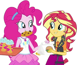 Size: 2987x2520 | Tagged: safe, edit, edited screencap, editor:mrtoonlover83, screencap, pinkie pie, sunset shimmer, human, equestria girls, g4, background removed, bag, burger, cookie, duo, duo female, female, food, headband, looking at each other, looking at someone, mouth hold, not a vector, slushie, smiling, smiling at each other