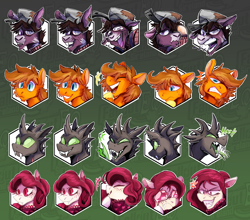 Size: 3000x2636 | Tagged: safe, artist:hallowraith, oc, oc:anomaly, oc:carmine garnet, oc:peeled prune, oc:royal anne, changeling, earth pony, pegasus, undead, vampire, vampony, fallout equestria, changeling oc, earth pony oc, facial expressions, fallout equestria oc, ghoul oc, multiple characters, pegasus oc, vampony oc