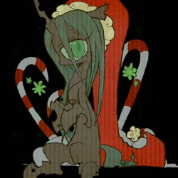 Size: 1022x1024 | Tagged: safe, artist:warewulfs, queen chrysalis, changeling, g4, black background, candy cane, christmas, christmas changeling, female, holiday, santa hat, simple background, solo