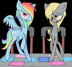 Size: 1140x1066 | Tagged: safe, artist:warewulfs, derpy hooves, rainbow dash, pony, g4, black background, dance dance revolution, duo, duo female, female, lesbian, ship:derpydash, shipping, simple background