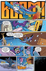 Size: 1170x1801 | Tagged: safe, artist:andy price, idw, official comic, pipp petals, zipp storm, pegasus, pony, g5, my little pony: the storm of zephyr heights, the storm of zephyr heights #3, spoiler:comic, spoiler:g5, spoiler:g5comic, airship, clothes, crash, crash landing, dialogue, duo, emanata, female, flying, goggles, gritted teeth, mare, onomatopoeia, royal sisters (g5), siblings, sisters, snow, snowfall, sonic rainboom, speech bubble, spread wings, teeth, uniform, wings, wonderbolts uniform, zephyr heights, zeppelin