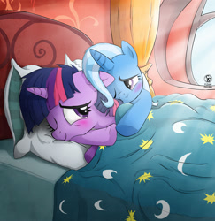 Size: 1947x2000 | Tagged: safe, artist:supersmurgger, trixie, twilight sparkle, pony, unicorn, g4, my little pony: friendship is magic, bed, cute, diatrixes, female, golden oaks library, horn, hug, in bed, indoors, lesbian, love, my little pony, ship:twixie, shipping, smiling, snuggling, twiabetes, waking up