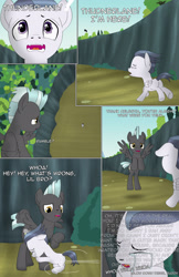 Size: 1989x3072 | Tagged: safe, artist:anonymousandrei, derpibooru exclusive, rumble, thunderlane, pegasus, pony, comic:rumble and the tree of harmony, g4, brothers, colt, comic, crying, duo, duo male, everfree forest, flying, foal, hug, male, misspelling, outdoors, ravine, siblings, stallion, talking