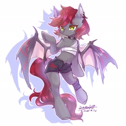 Size: 2048x2048 | Tagged: safe, artist:qamar, oc, oc:swaybat, bat pony, semi-anthro, bandage, belly, choker, clothes, ear piercing, female, mare, piercing, shorts, solo