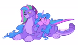 Size: 2048x1187 | Tagged: safe, artist:iksiudodi, allura, izzy moonbow, aq bars, big cat, leopard, pony, snow leopard, unicorn, g5, blushing, bracelet, duo, duo female, female, folded wings, friendship bracelet, horn, jewelry, lesbian, lying down, lying on top of someone, mare, prone, ship:izzllura, shipping, signature, simple background, smiling, unshorn fetlocks, white background, wings