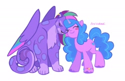 Size: 2048x1334 | Tagged: safe, artist:iksiudodi, allura, izzy moonbow, aq bars, big cat, leopard, pony, snow leopard, unicorn, g5, blushing, bracelet, duo, duo female, eyes closed, female, folded wings, friendship bracelet, horn, jewelry, lesbian, mare, nuzzling, ship:izzllura, shipping, signature, simple background, smiling, tail, unshorn fetlocks, white background, wings