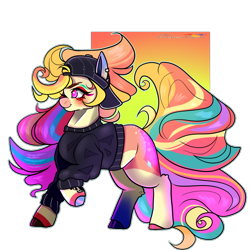 Size: 1175x1177 | Tagged: safe, artist:legendaryshadee, oc, oc:catchy beat, earth pony, pony, backwards ballcap, baseball cap, cap, clothes, female, hat, mare, solo, sweater