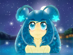 Size: 4200x3150 | Tagged: safe, artist:wojtek-ツ, oc, oc only, oc:aurora, original species, :3, antennae, cabin, cute, emerging from the shadows, facial markings, fanart, female, gills, glowing, glowing hair, looking up, moon, mountain, nature, outdoors, overlander, particles, river, smiling, solo, starry night, tail, tree, water, water overlander