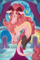 Size: 1200x1800 | Tagged: safe, artist:sammikinns, oc, oc only, oc:euphony, draconequus, hybrid, canterlot castle, draconequus oc, eye clipping through hair, female, horns, indoors, interspecies offspring, offspring, parent:discord, parent:princess celestia, parents:dislestia, solo, throne room