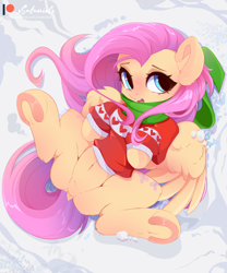 Size: 5000x6000 | Tagged: safe, artist:xsatanielx, fluttershy, pegasus, pony, g4, absurd resolution, clothes, cute, featureless crotch, female, frog (hoof), horseshoes, lying down, mare, on back, outdoors, overhead view, pubic fluff, scarf, shyabetes, snow, solo, spread legs, spreading, sweater, underhoof, winter